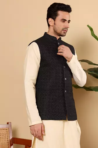 Yellow silk embroidered nehru jacket