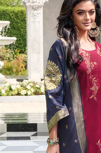 Red embroidered viscose silk salwar suit