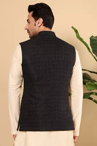 Yellow silk embroidered nehru jacket