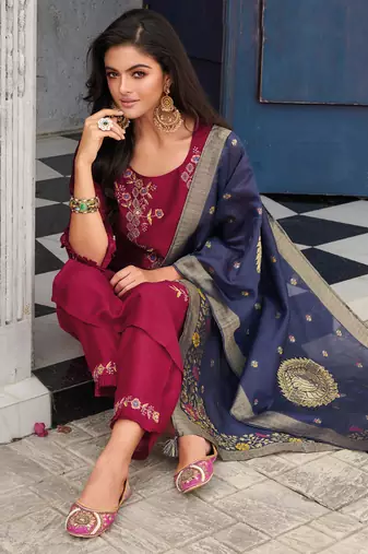 Red embroidered viscose silk salwar suit