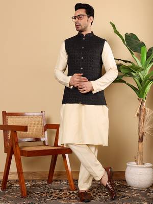 Yellow silk embroidered nehru jacket 4