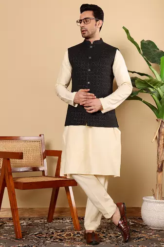 Yellow silk embroidered nehru jacket