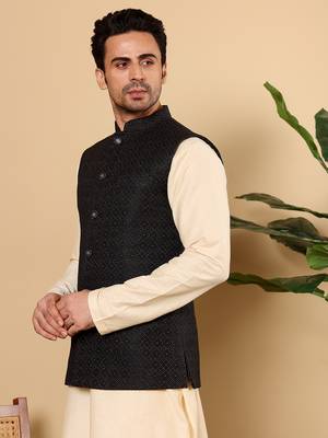 Yellow silk embroidered nehru jacket 5