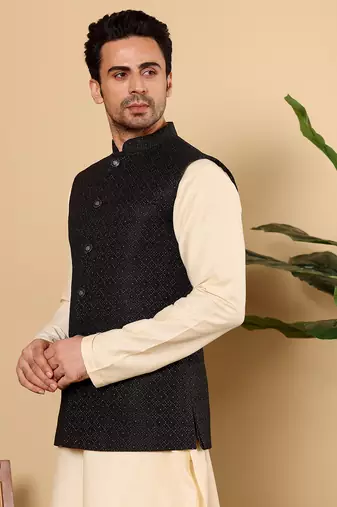 Yellow silk embroidered nehru jacket