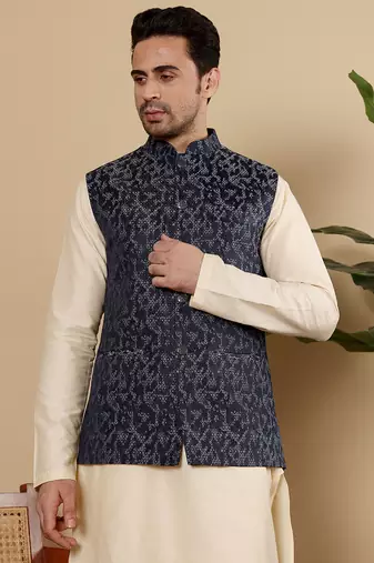 Black silk embroidered nehru jacket