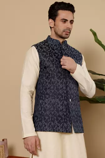 Black silk embroidered nehru jacket