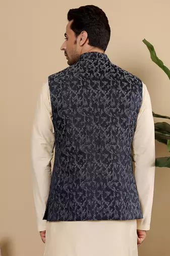 Black silk embroidered nehru jacket