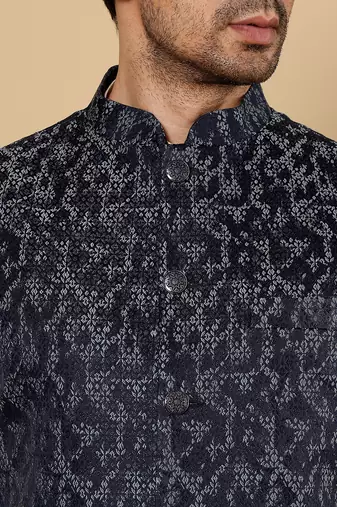 Black silk embroidered nehru jacket