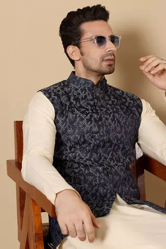 Black silk embroidered nehru jacket