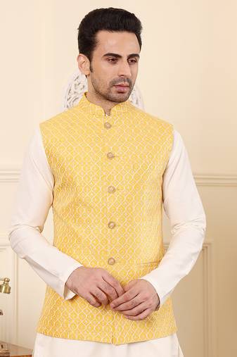 Light pink silk embroidered nehru jacket