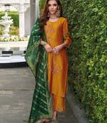 Mustard embroidered viscose silk salwar suit