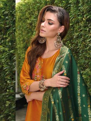 Mustard embroidered viscose silk salwar suit 3