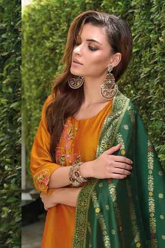 Mustard embroidered viscose silk salwar suit