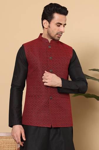 Peach silk embroidered nehru jacket