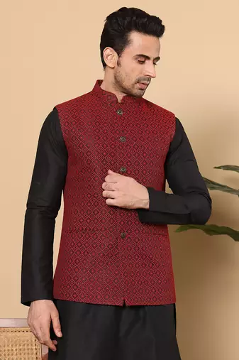 Black silk embroidered nehru jacket