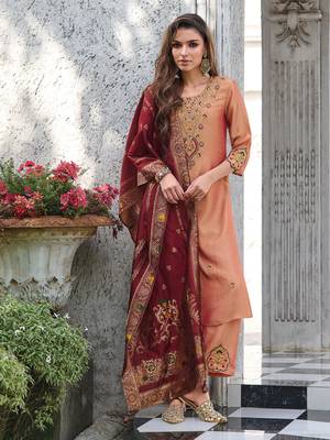 Peach embroidered viscose silk salwar suit 1