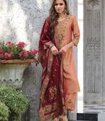 Peach embroidered viscose silk salwar suit