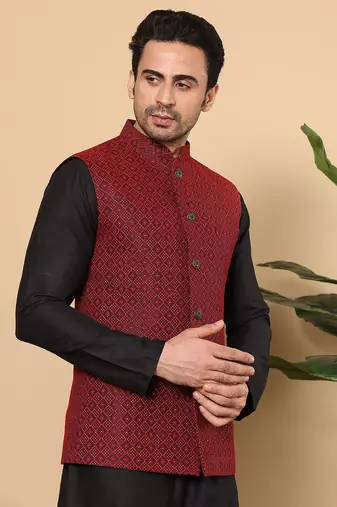 Black silk embroidered nehru jacket