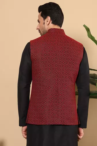 Black silk embroidered nehru jacket
