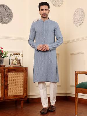 Grey viscose embroidered kurta pajama 1