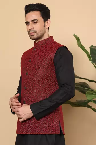 Black silk embroidered nehru jacket