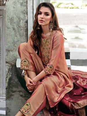 Peach embroidered viscose silk salwar suit 4