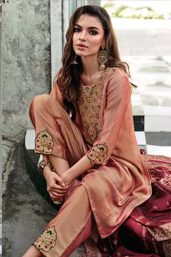Peach embroidered viscose silk salwar suit