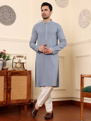 Grey viscose embroidered kurta pajama 2