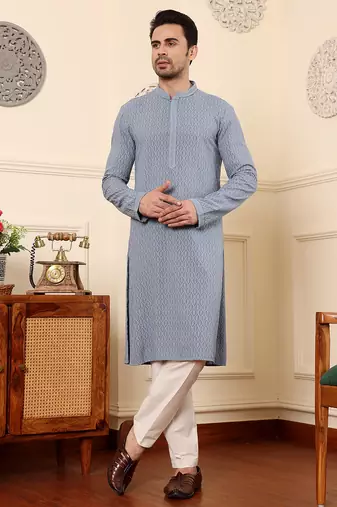 Grey viscose embroidered kurta pajama