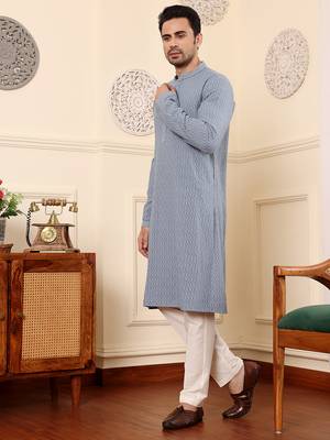 Grey viscose embroidered kurta pajama 3