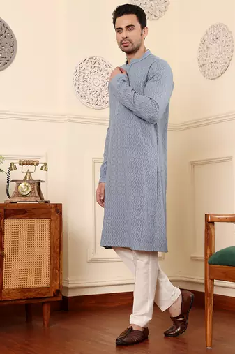 Grey viscose embroidered kurta pajama
