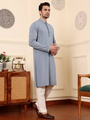 Grey viscose embroidered kurta pajama 4