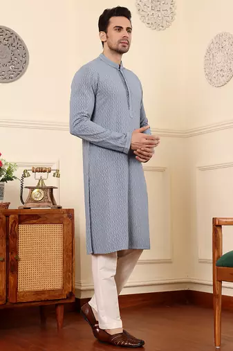 Grey viscose embroidered kurta pajama