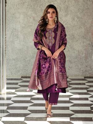 Purple embroidered viscose silk salwar suit 2