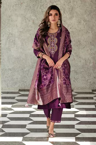 Purple embroidered viscose silk salwar suit