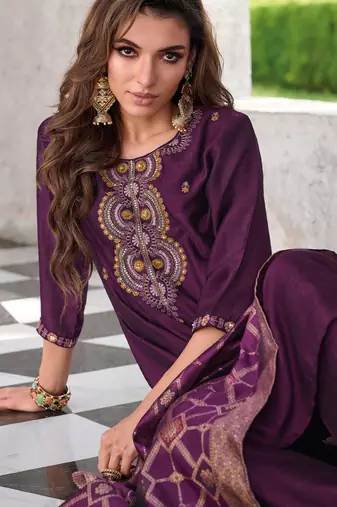 Purple embroidered viscose silk salwar suit