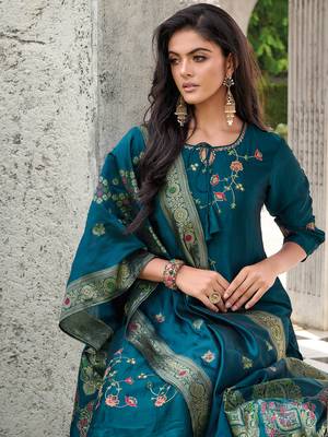 Teal embroidered viscose silk salwar suit 2