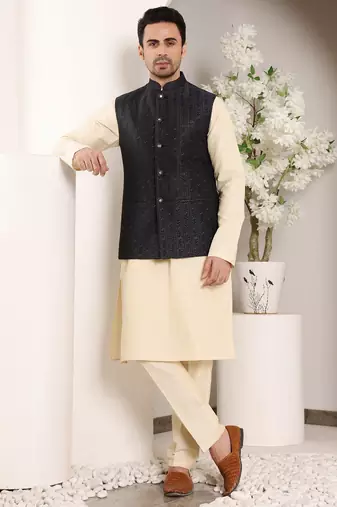 Ivory silk embroidered nehru jacket
