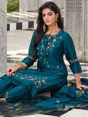 Teal embroidered viscose silk salwar suit 3