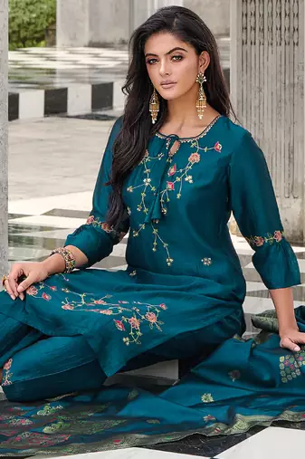 Teal embroidered viscose silk salwar suit