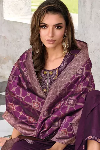 Teal embroidered viscose silk salwar suit