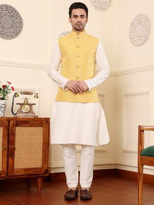 Ivory viscose embroidered nehru jacket 1