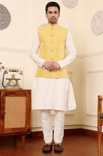 Ivory viscose embroidered nehru jacket