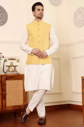 Ivory viscose embroidered nehru jacket