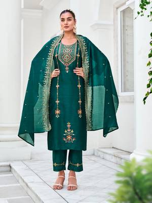 Green embroidered viscose silk salwar suit 1