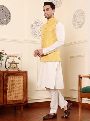 Ivory viscose embroidered nehru jacket 4