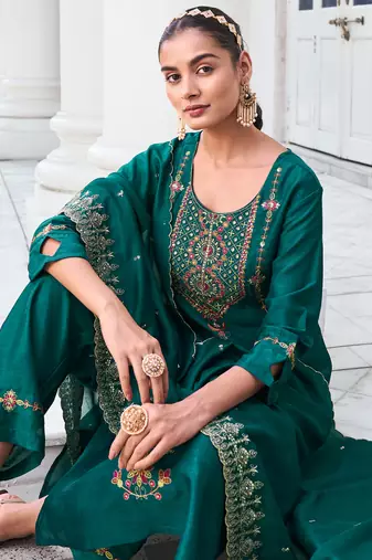 Green embroidered viscose silk salwar suit