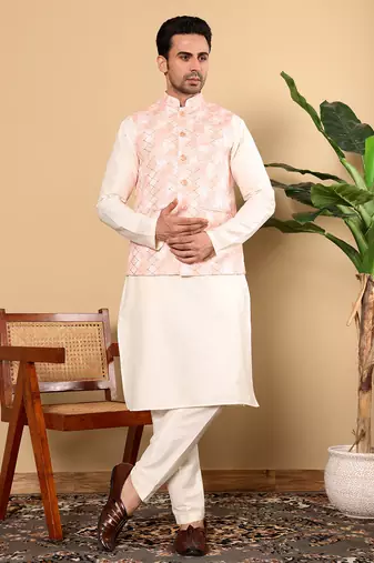 Ivory viscose embroidered nehru jacket