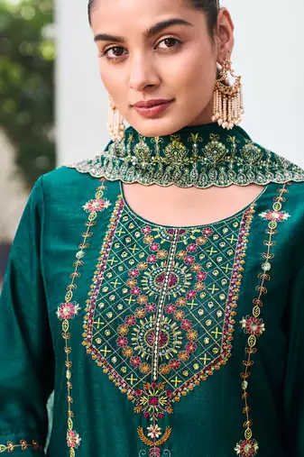 Green embroidered viscose silk salwar suit