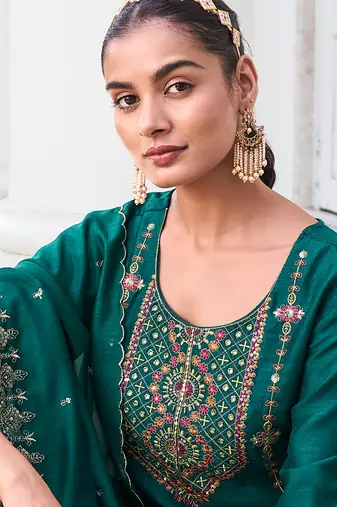 Green embroidered viscose silk salwar suit